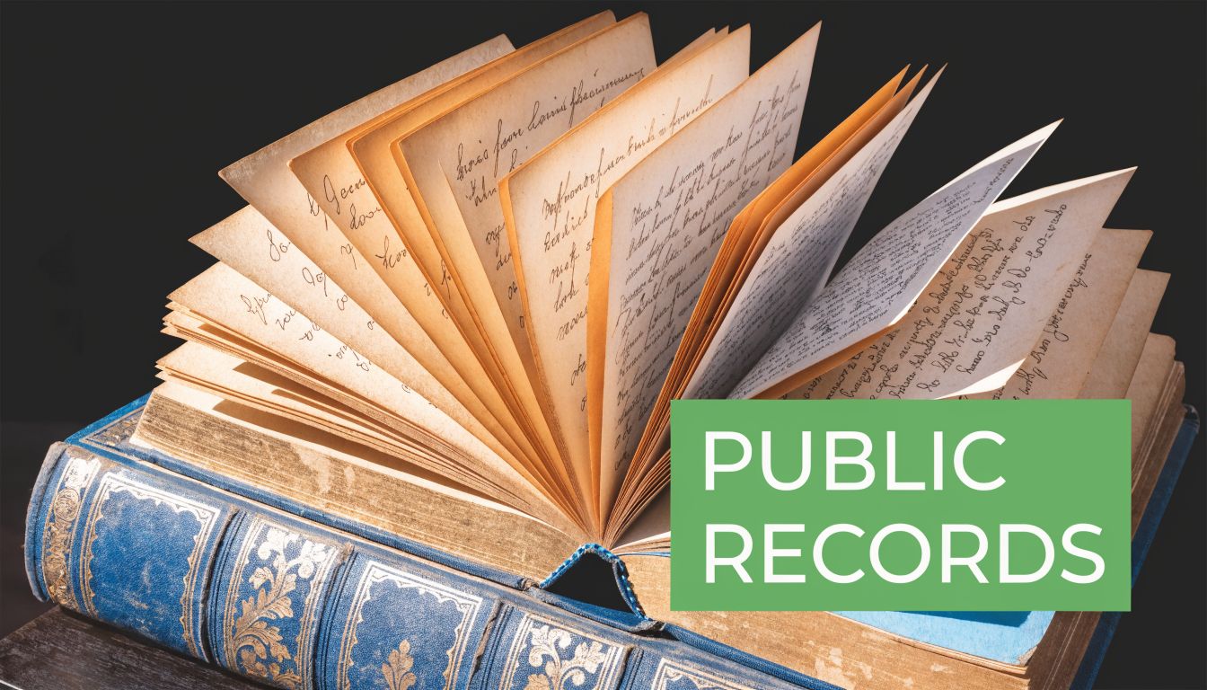 An antique open book with handwritten pages resting on a table, representing public records and historical documentation.