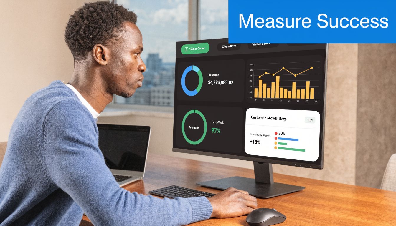 A professional man working on a computer displaying business analytics dashboards in a modern office environment.