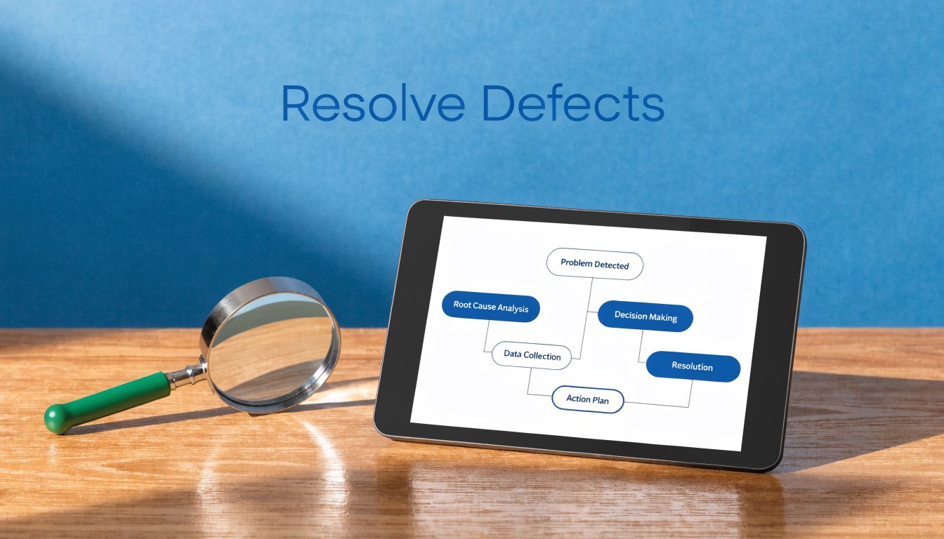 A magnifying glass and tablet screen displaying a process flowchart for resolving defects on a wooden table.