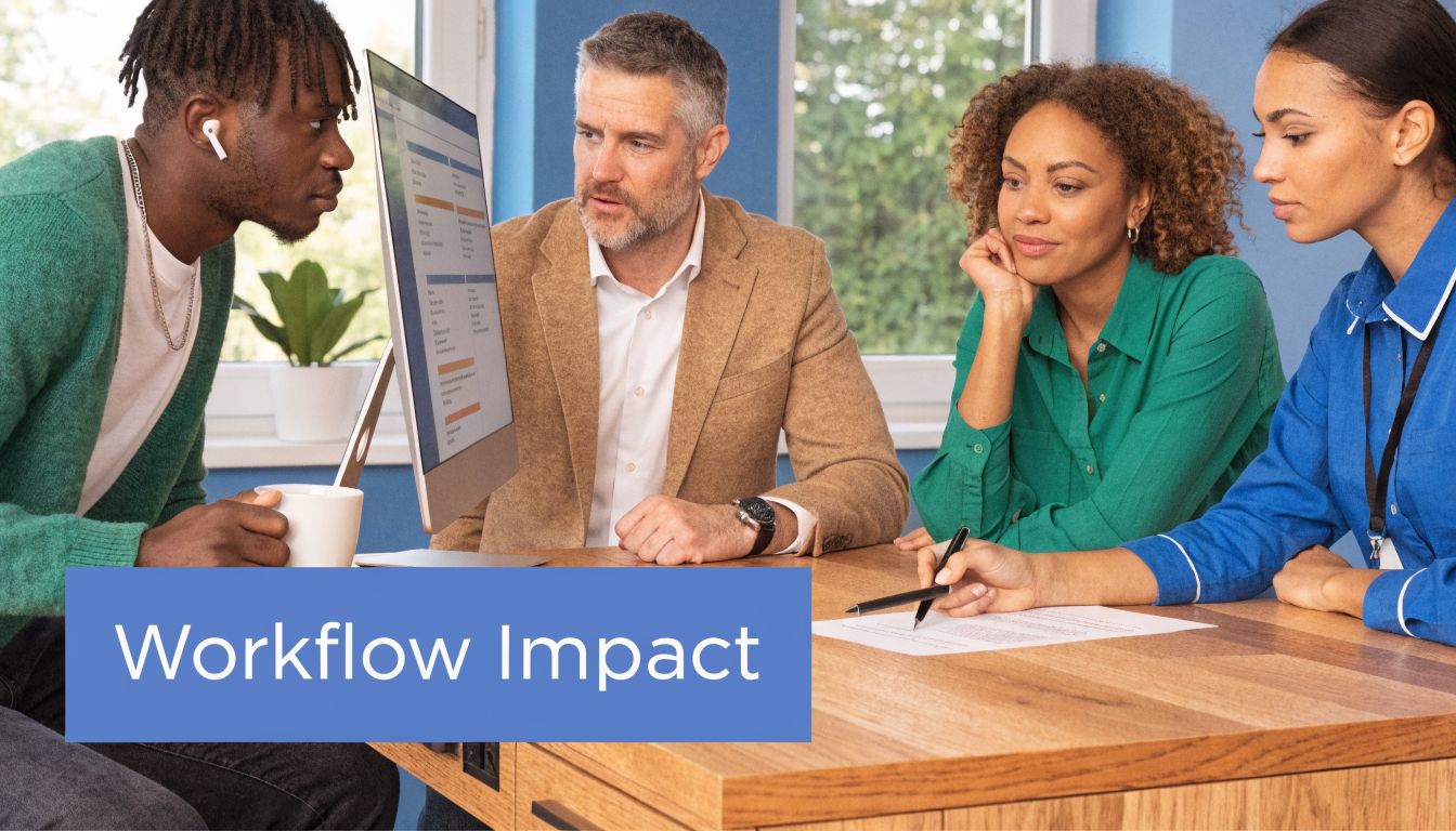 A diverse business team collaborating on a project with a computer and documents in an office.