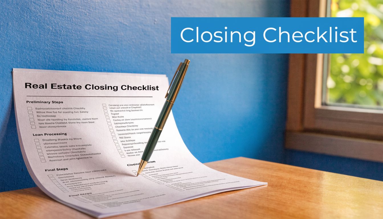 A pen lying on top of a Real Estate Closing Checklist document on a wooden desk.