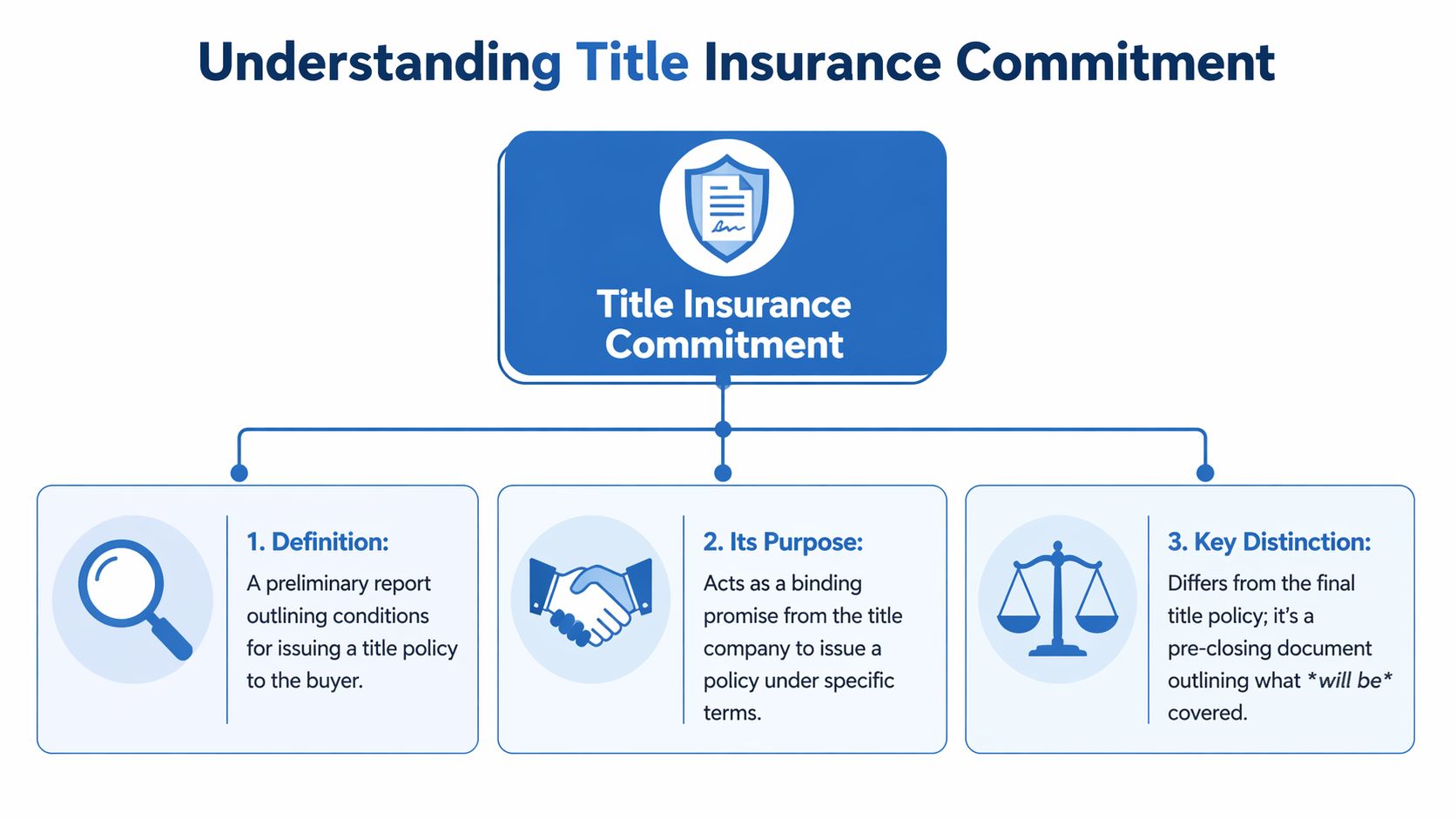 An infographic explaining a title insurance commitment as a preliminary report, binding promise, and pre-closing document.
