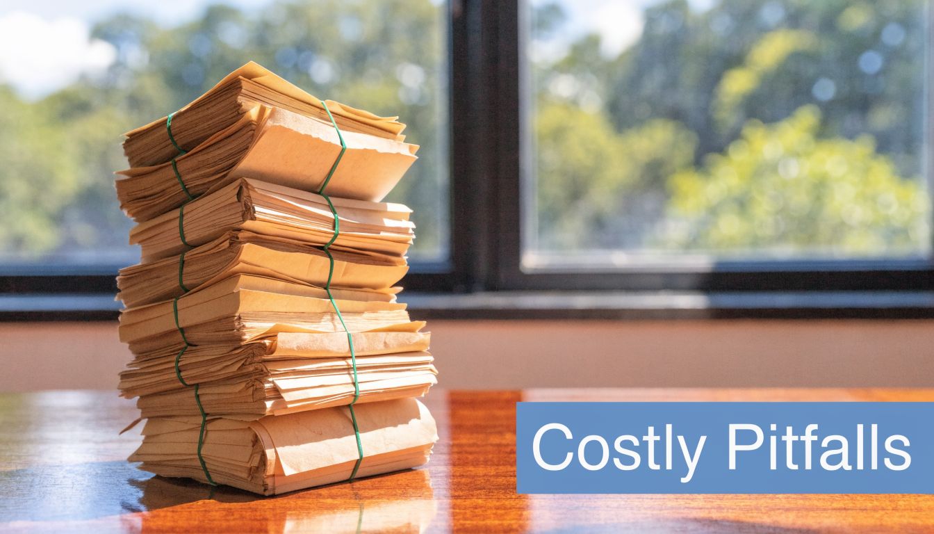 A large stack of paper documents held together by green rubber bands on a wooden desk.