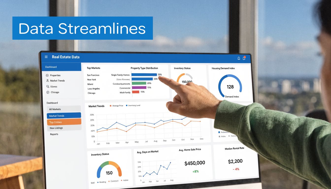 A professional analyzing real estate market data displayed on a digital dashboard on a computer monitor.