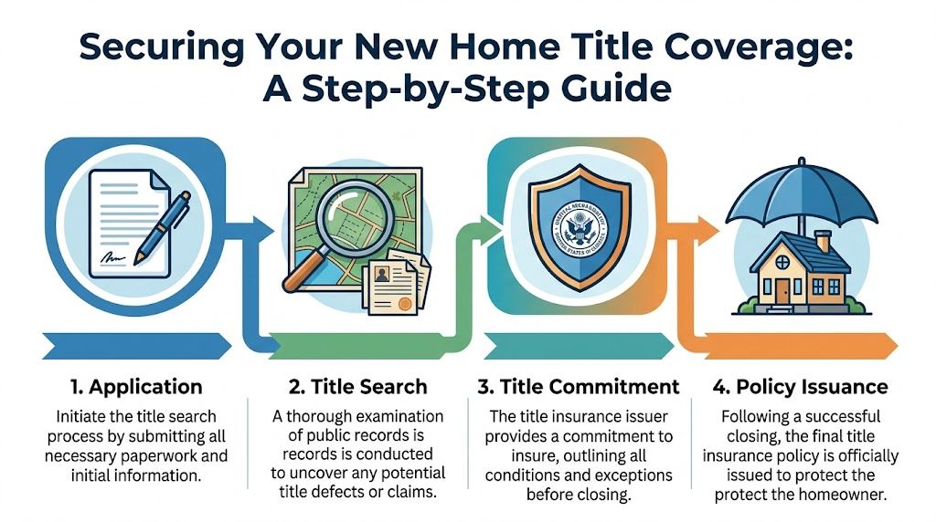 A four-step infographic illustrating the process of securing home title insurance for a new property purchase.