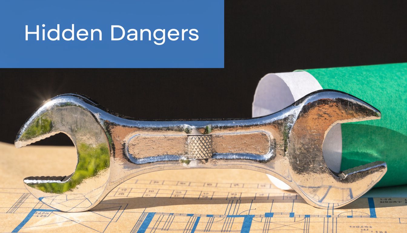 A chrome wrench rests on blueprints next to a rolled green construction plan, illustrating construction project concepts.