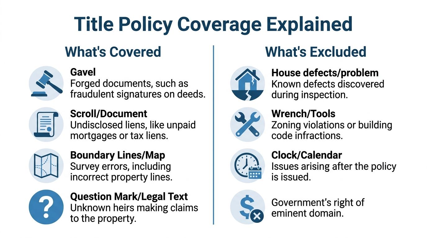 An infographic titled Title Policy Coverage Explained listing items covered and excluded by title insurance policies.