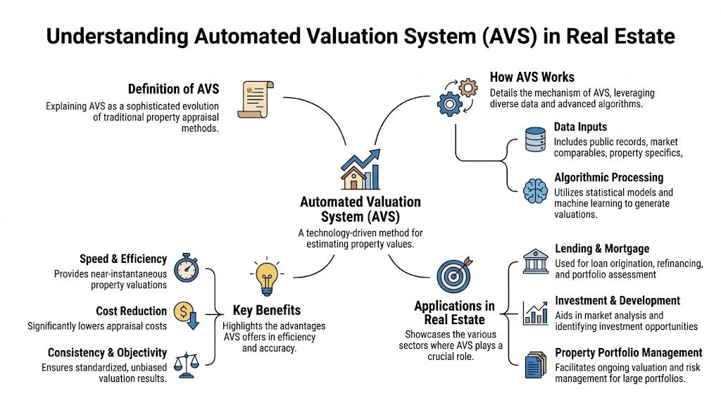 An infographic explaining the Automated Valuation System in real estate, detailing its mechanism, benefits, and various industry applications.