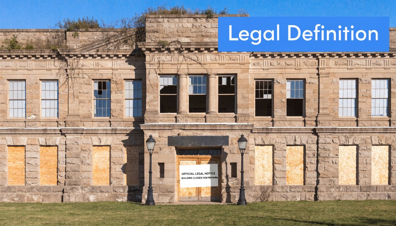 An abandoned stone building with boarded-up windows and an official legal notice on the front doors.