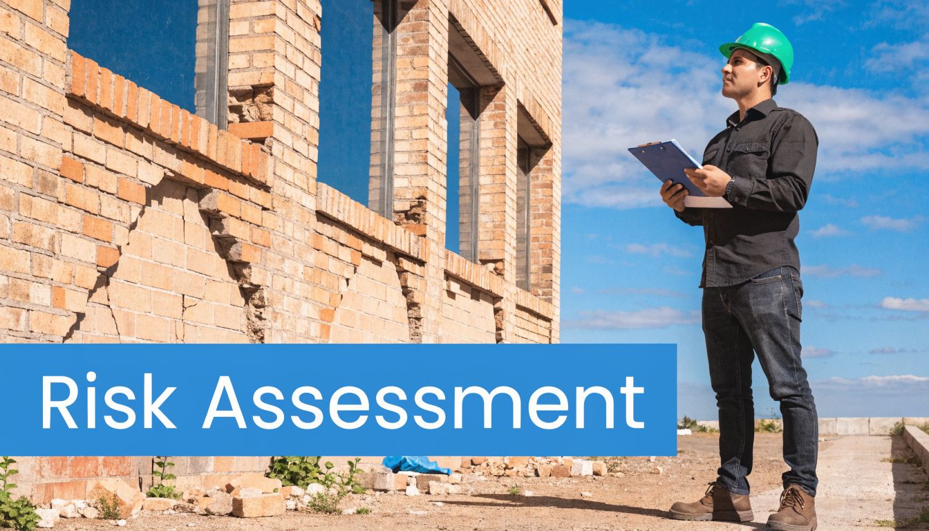 A construction inspector with a hard hat reviews documents in front of a damaged abandoned building.