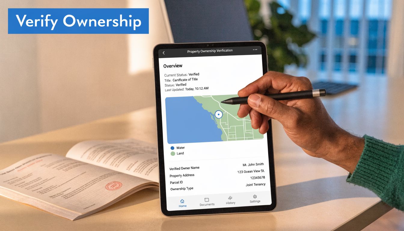 A person using a stylus on a tablet displaying a property ownership verification interface for a house.