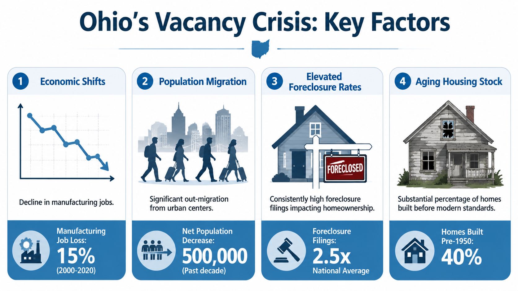 An infographic titled Ohio's Vacancy Crisis detailing four major factors like job loss and population migration.