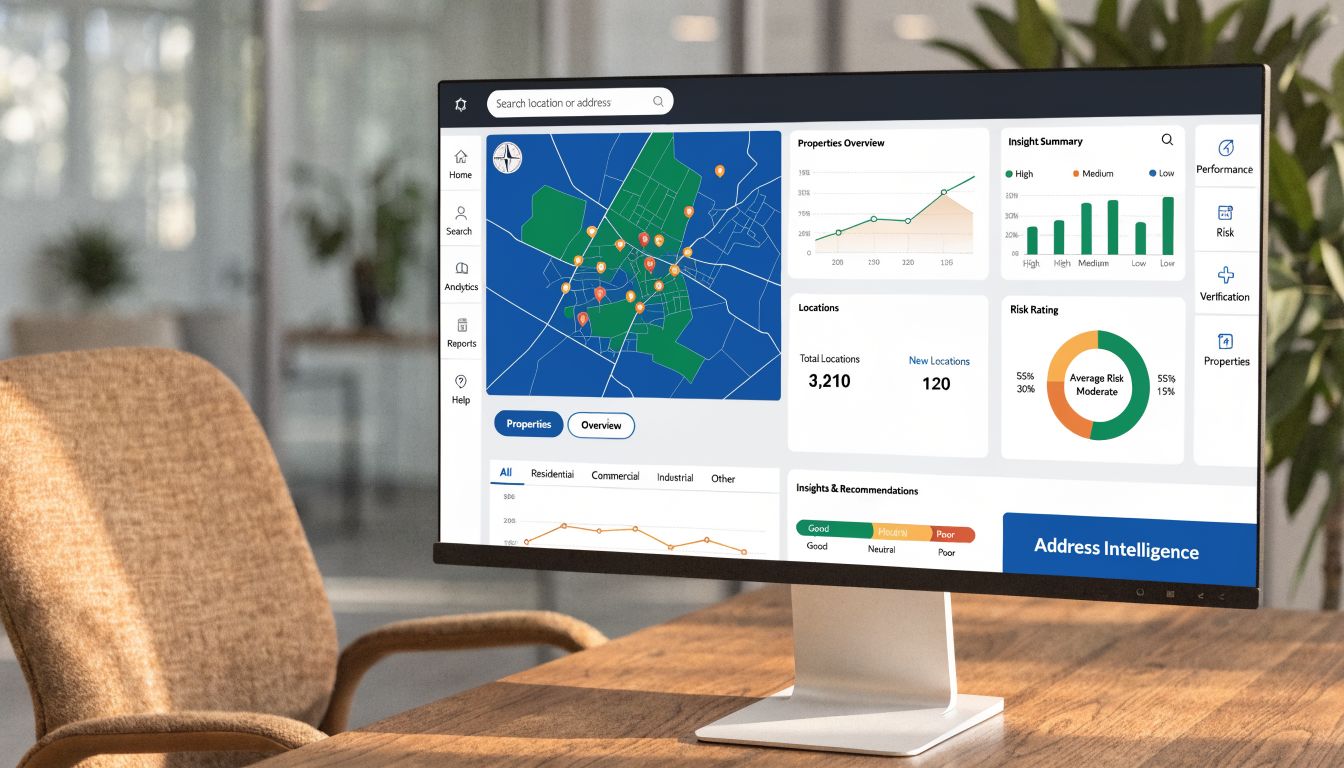 A computer monitor displaying an address intelligence software dashboard with maps, analytics charts, and property risk ratings.
