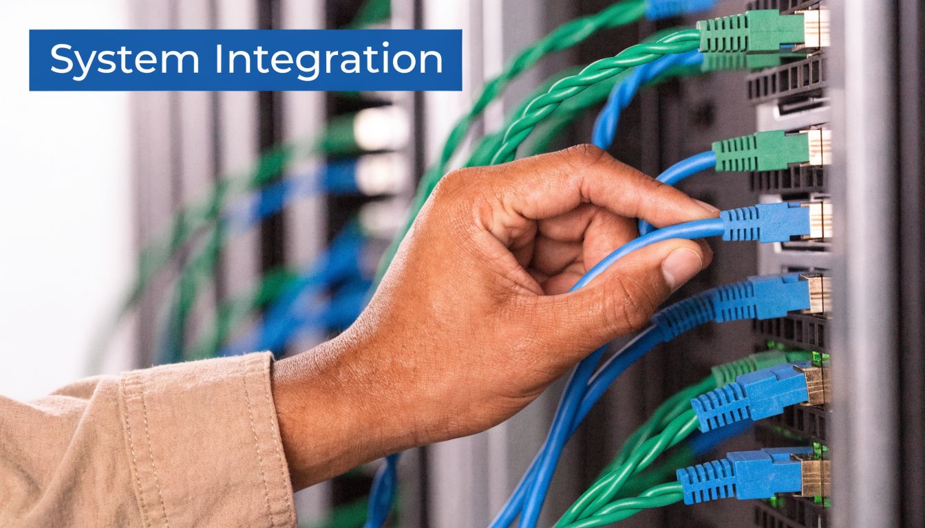 A close-up view of a technician's hand plugging a blue network cable into a server rack.