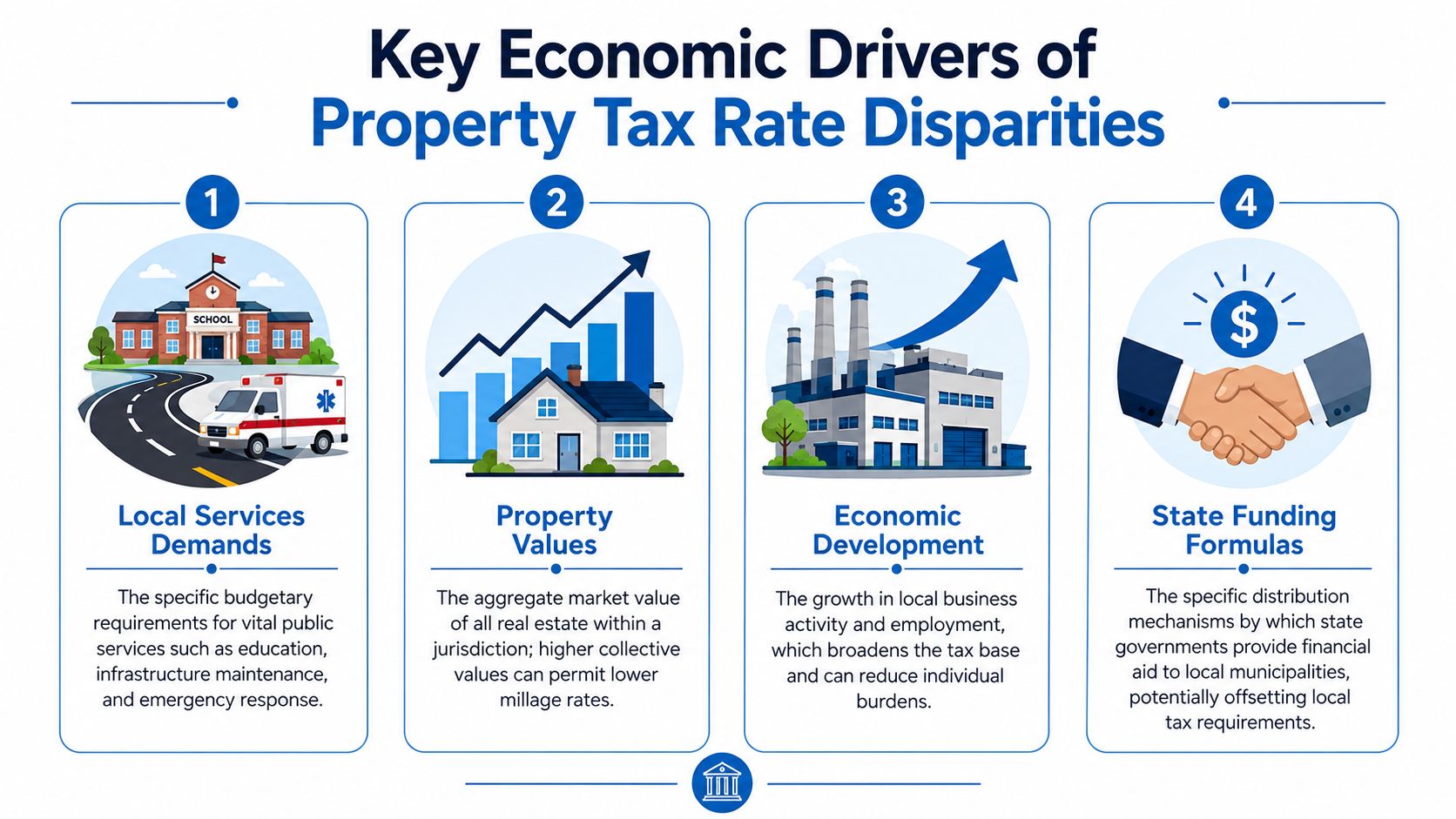 An infographic titled Key Economic Drivers of Property Tax Rate Disparities illustrating four main economic factors.