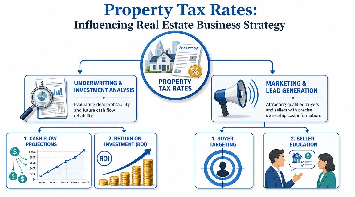 A flowchart showing how property tax rates influence real estate investment analysis and marketing strategies.