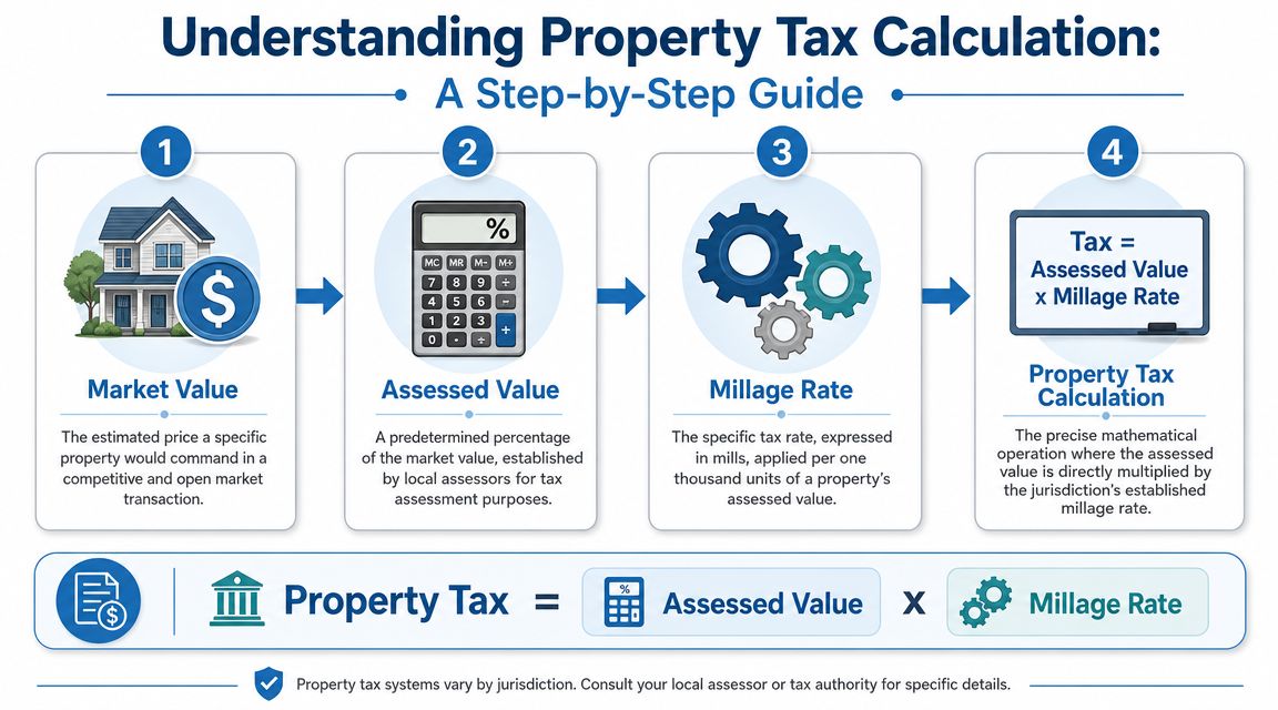 A step-by-step infographic explaining how to calculate property taxes using market value, assessed value, and millage rates.
