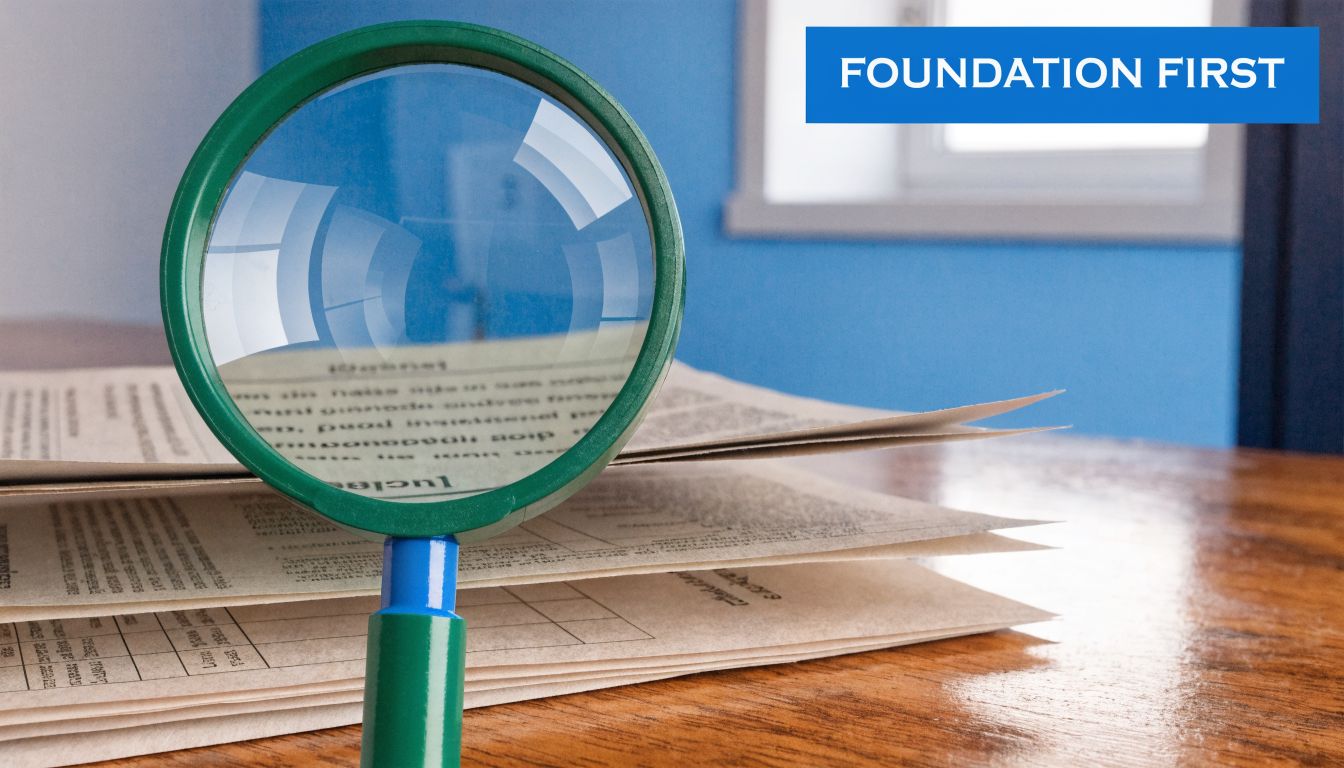 A magnifying glass resting on a stack of important documents on a wooden desk.