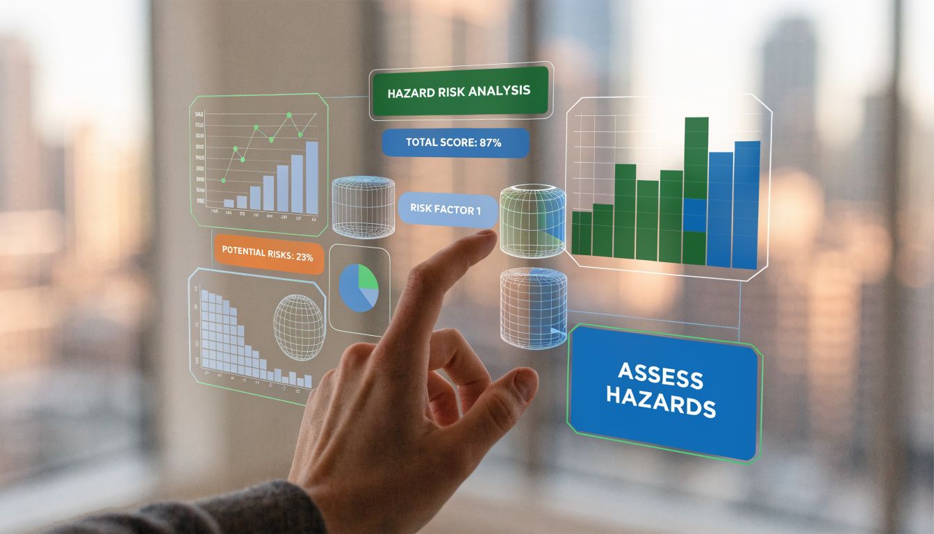 A hand interacting with a digital holographic display showing data analytics and hazard risk assessment metrics.