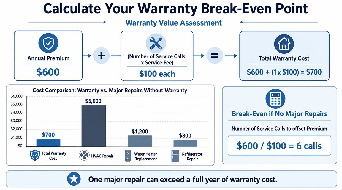 A visual infographic explaining how to calculate the break-even point for home warranty costs and service fees.