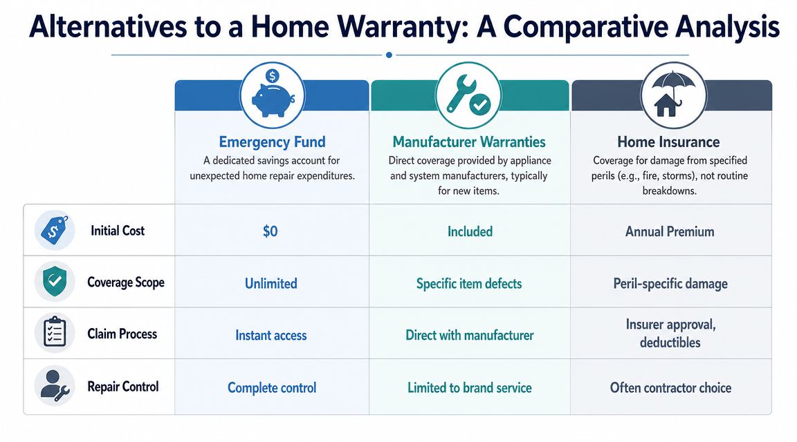 A comparison chart outlining alternatives to home warranty plans including emergency funds, manufacturer warranties, and home insurance.