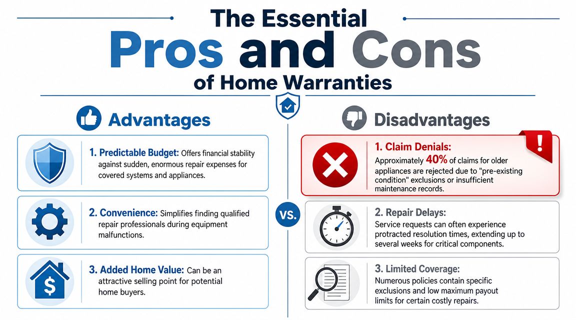 A comparison chart outlining the pros and cons of purchasing a home warranty for residential properties.
