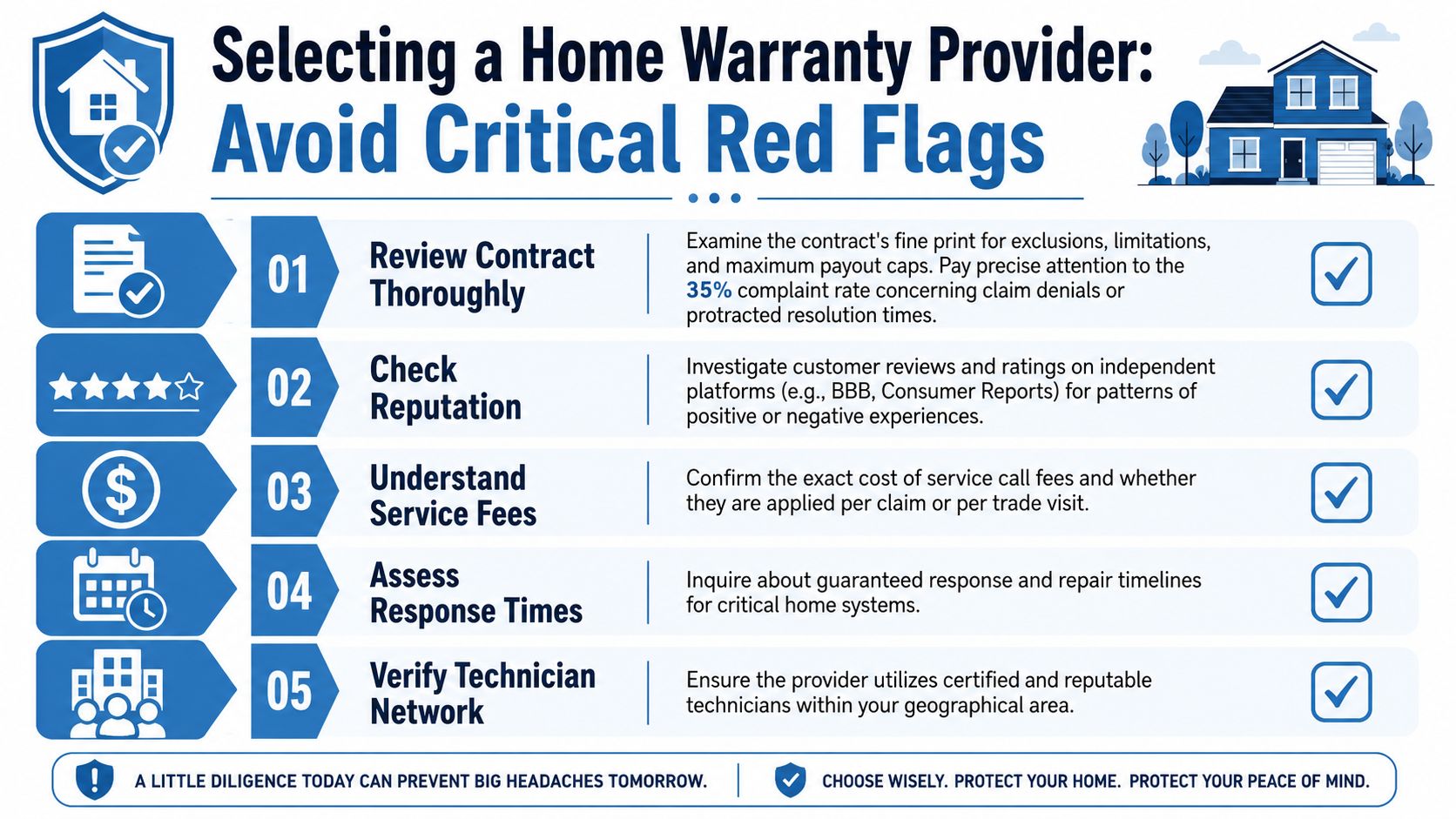 An infographic titled Selecting a Home Warranty Provider illustrating five essential tips for avoiding red flags.