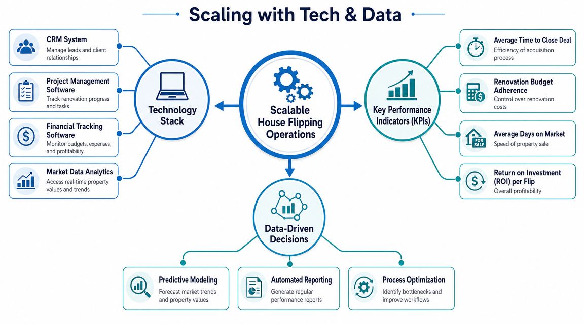 A diagram illustrating how technology and data drive scalable house flipping business operations and key performance metrics.