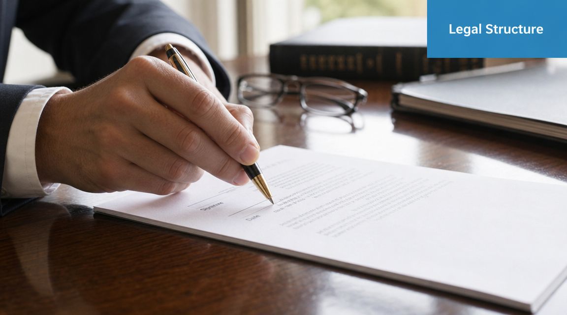 A close-up view of a professional person in a suit signing a legal contract at a desk.