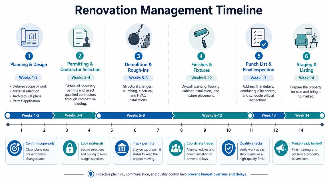 A 14-week renovation management timeline chart detailing phases from initial planning to final property staging and listing.