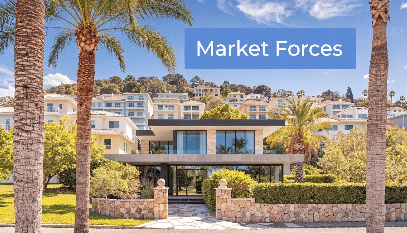 A modern luxury house with large windows situated among residential properties and palm trees in Orange County.