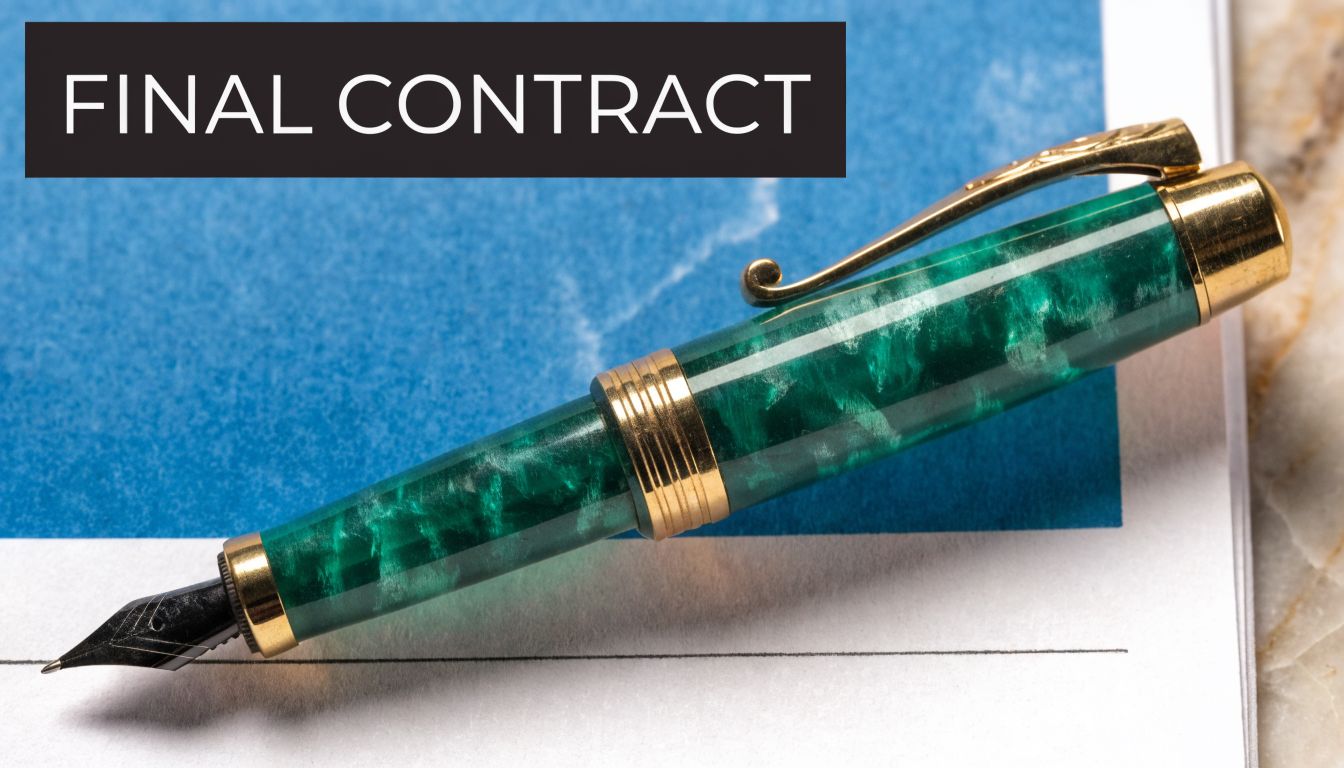 A close-up view of an elegant green fountain pen resting on a document labeled Final Contract.
