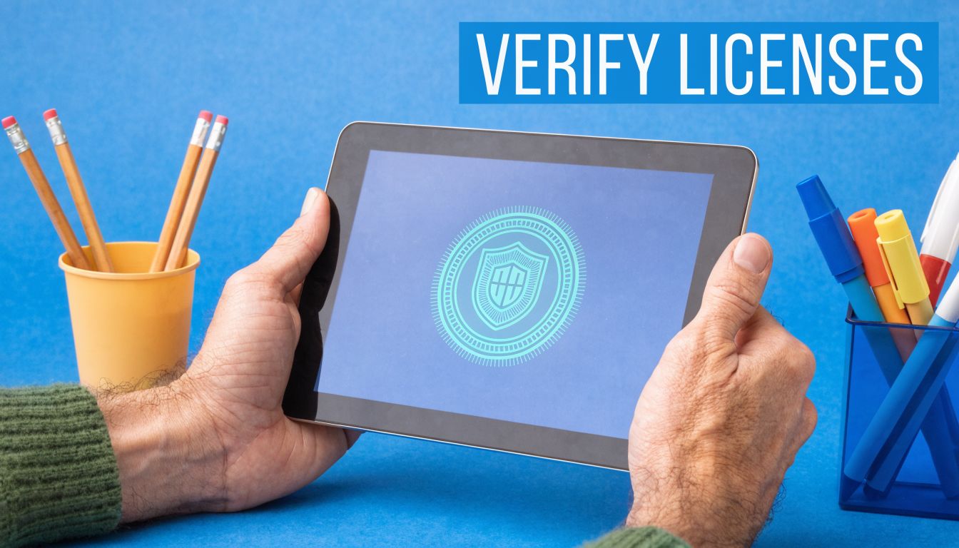 A person holding a digital tablet displaying a security shield icon for private investigators online license verification.