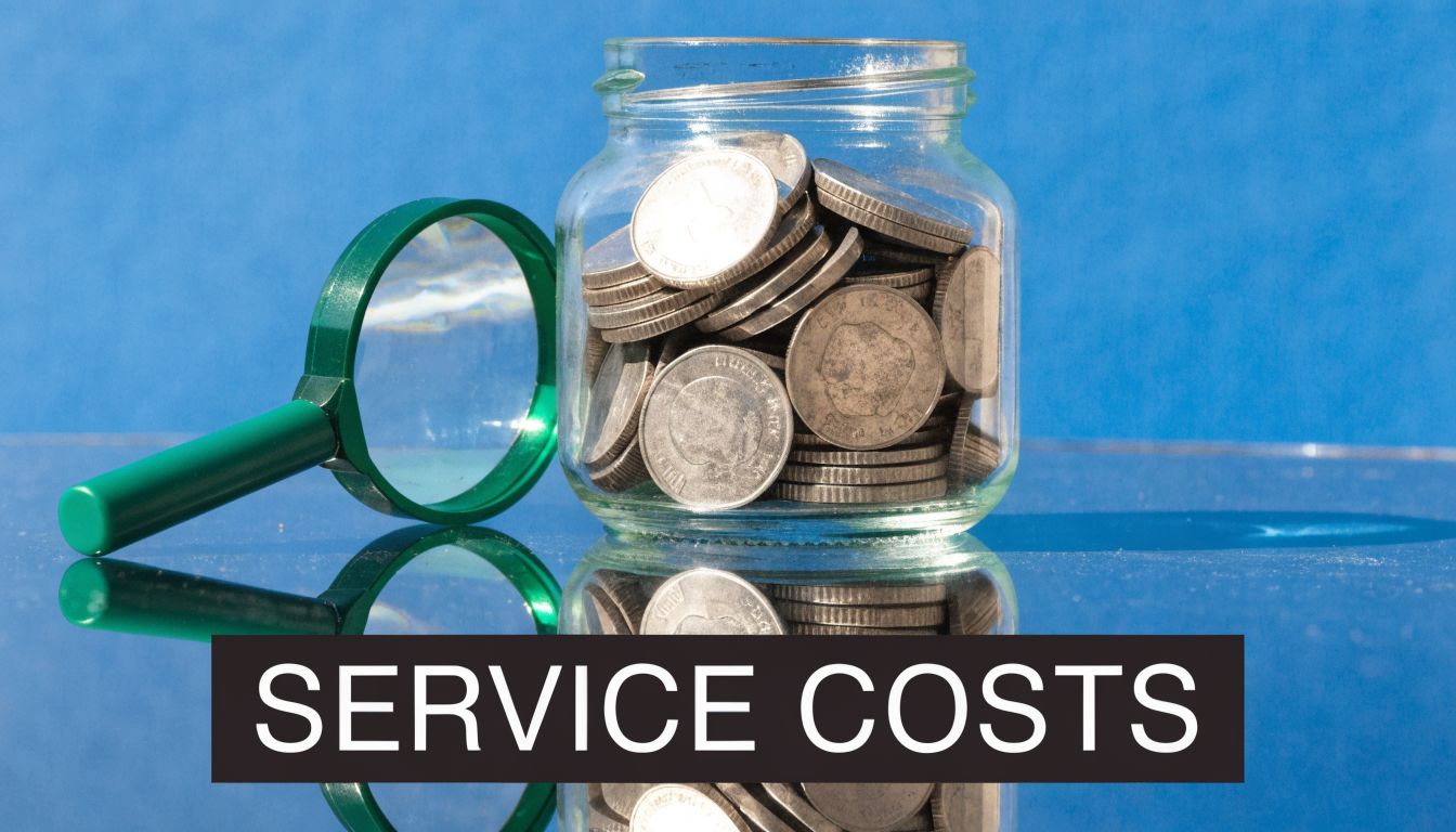 A glass jar filled with coins next to a magnifying glass, representing investigation into service costs.