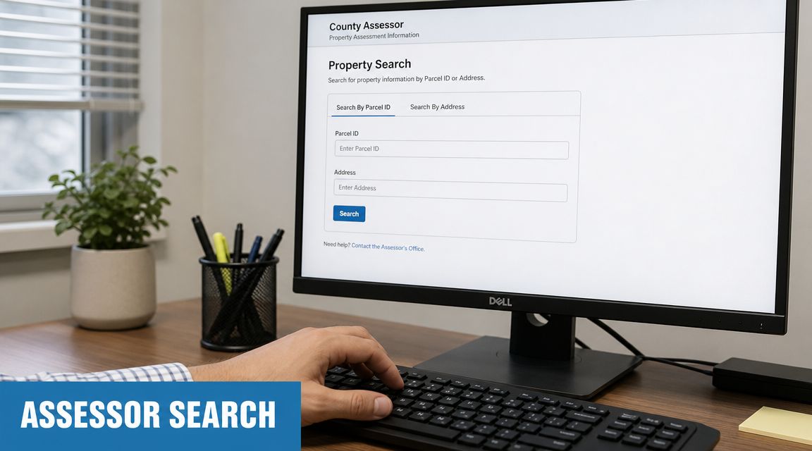 A person typing on a computer keyboard looking at a county assessor property search website.