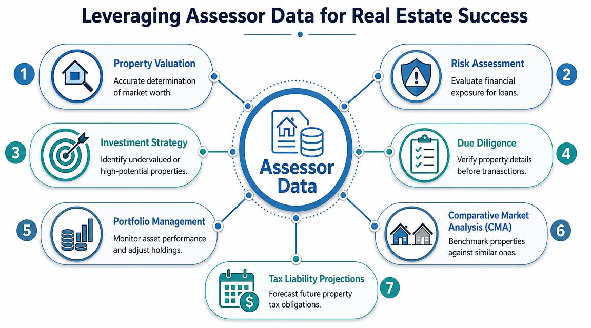 A diagram illustrating the seven key benefits of leveraging assessor data for real estate success.