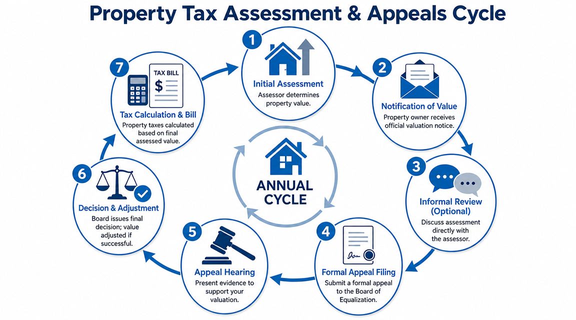 A circular flowchart illustrating the seven-step process of the property tax assessment and appeals cycle.