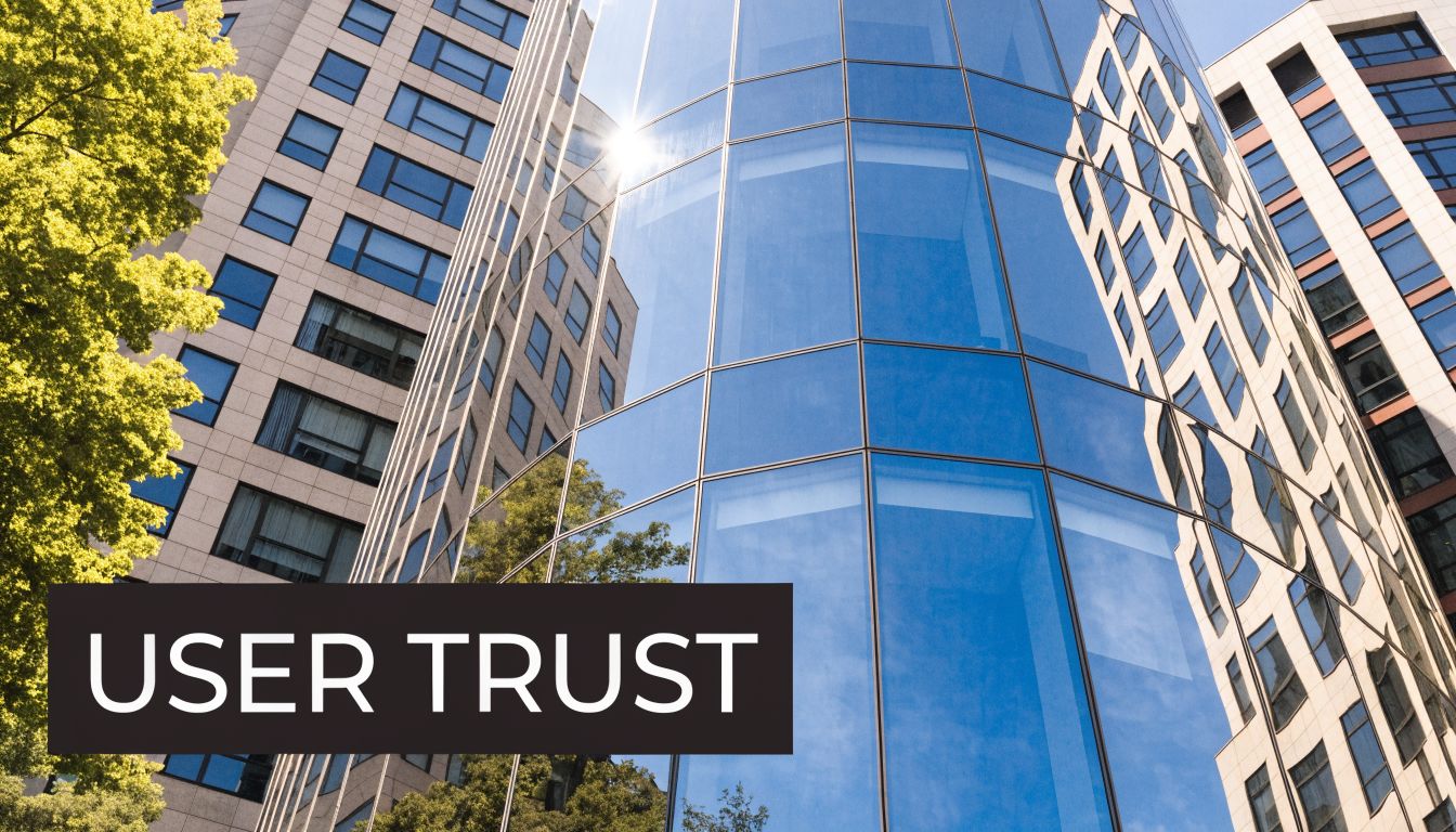 A modern glass office building facade reflecting the bright sky with the text User Trust overlaid.