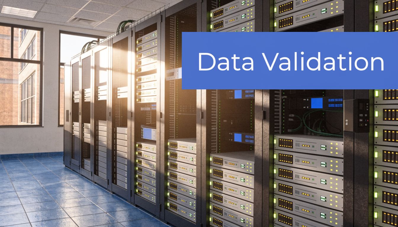 A server room with rows of racks containing electronic data equipment under the words Data Validation.