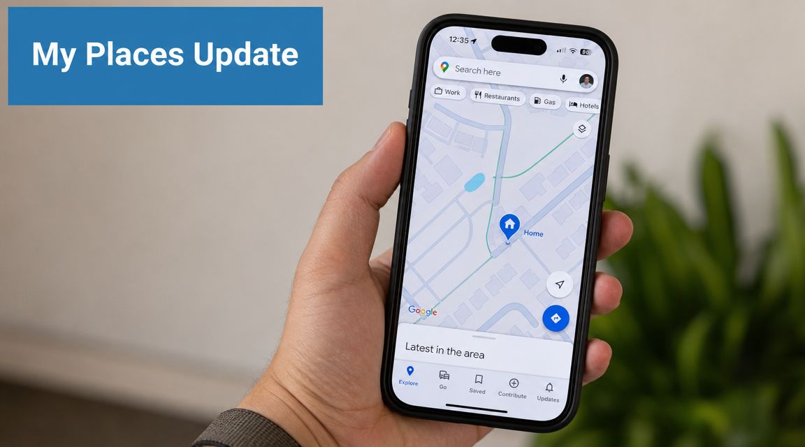 A hand holding a smartphone showing the Google Maps interface with a home location pin.