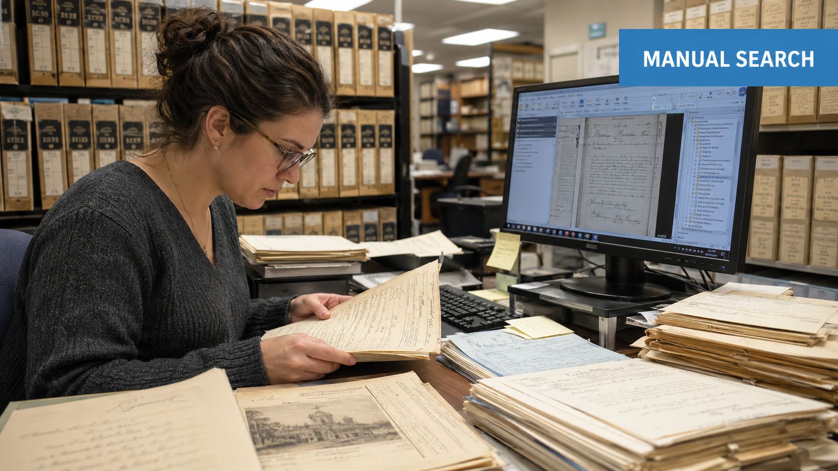 A woman working in an archive, examining historical documents at a computer desk surrounded by paper files.