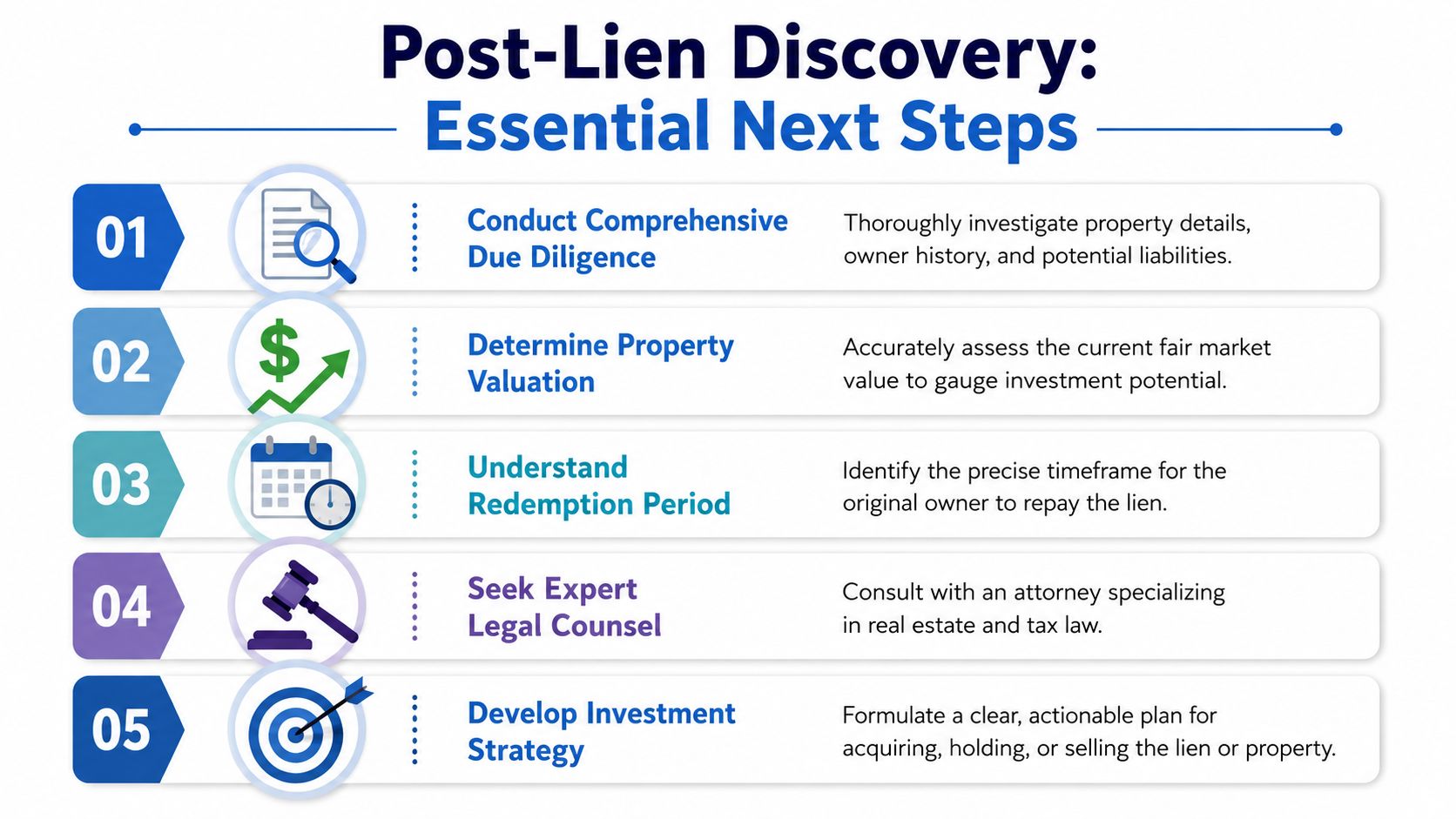 An infographic detailing five essential next steps for investors after discovering a tax lien on property.