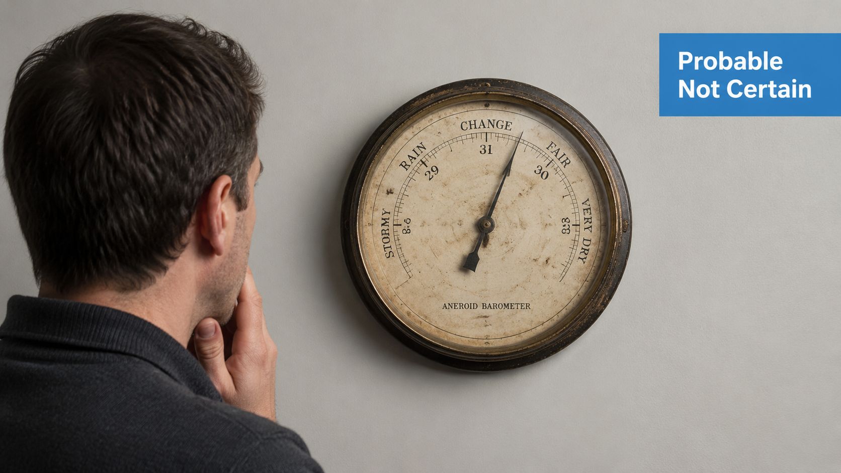 A man looks at an antique circular aneroid barometer mounted on a plain light grey wall.