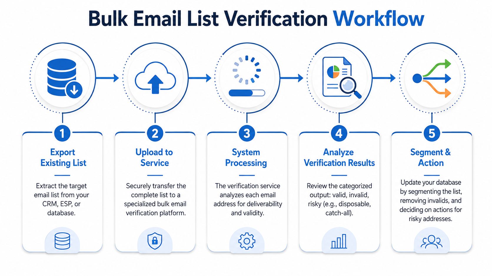 A five-step infographic showing the bulk email list verification workflow from database export to segmenting the results.