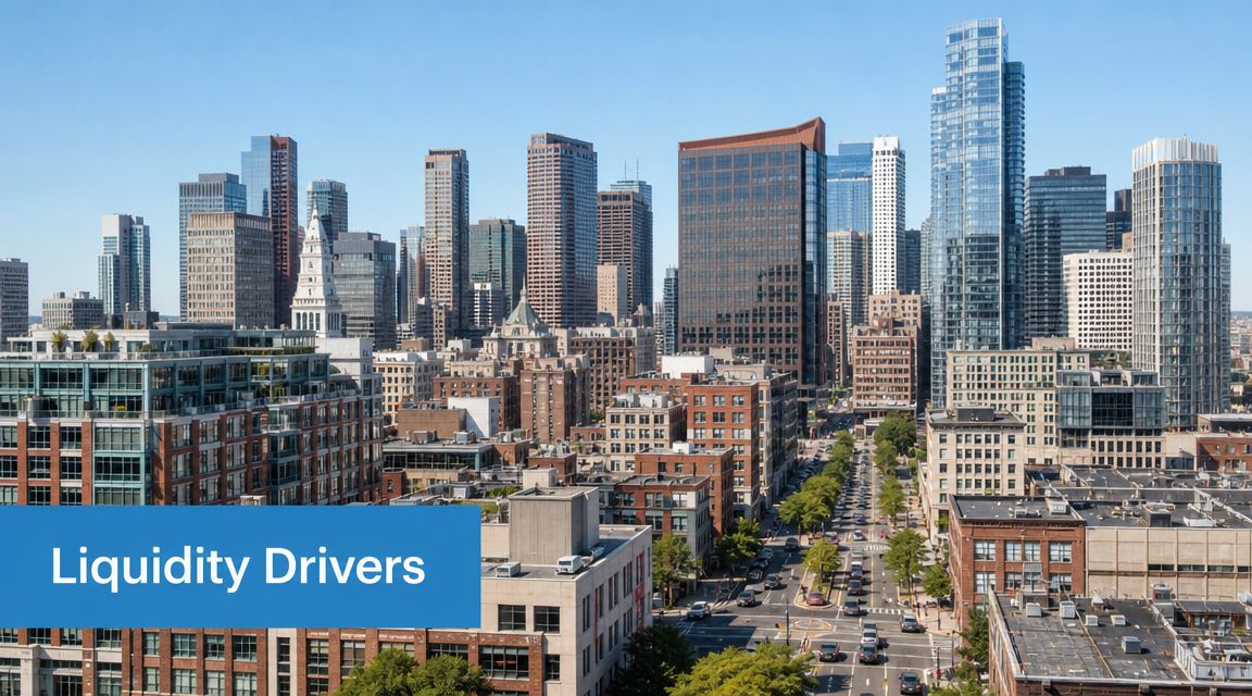 A scenic view of a modern urban city skyline featuring tall buildings and a busy street.