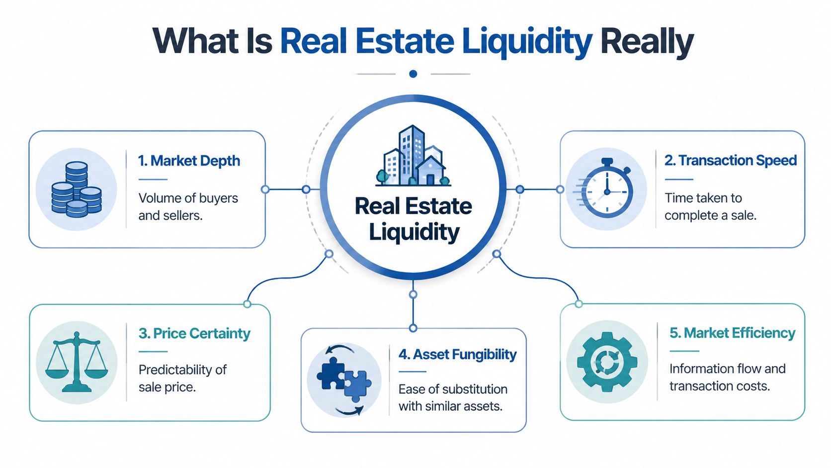 A diagram explaining the five key factors that determine real estate liquidity in a market.