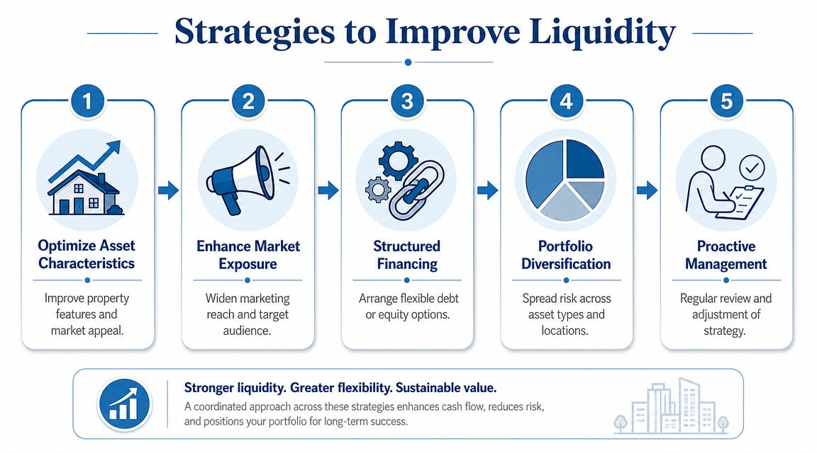 A five-step infographic showing strategies to improve liquidity for real estate portfolios, including asset optimization and diversification.