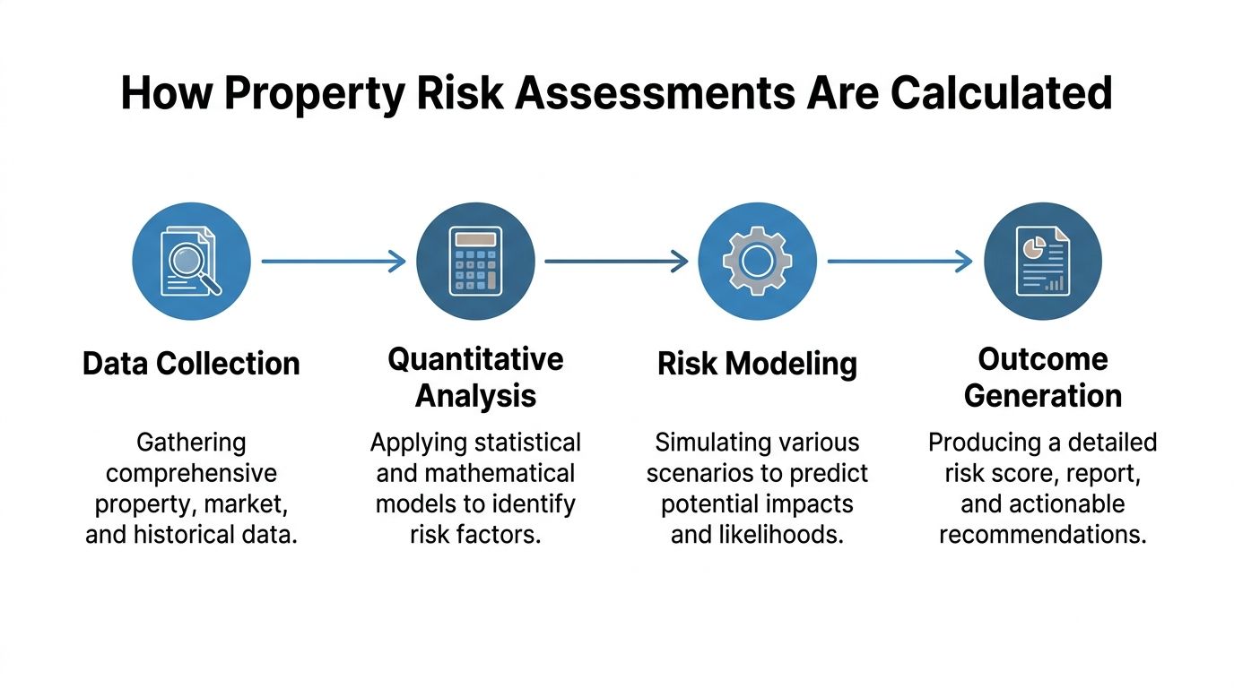 A flowchart showing the four-step process for calculating property risk assessments, from data collection to outcomes.