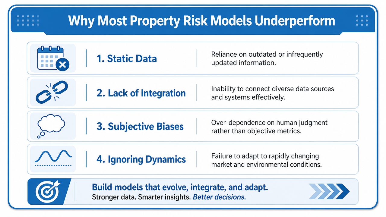 An infographic detailing four primary reasons why property risk assessment models often fail to perform effectively.