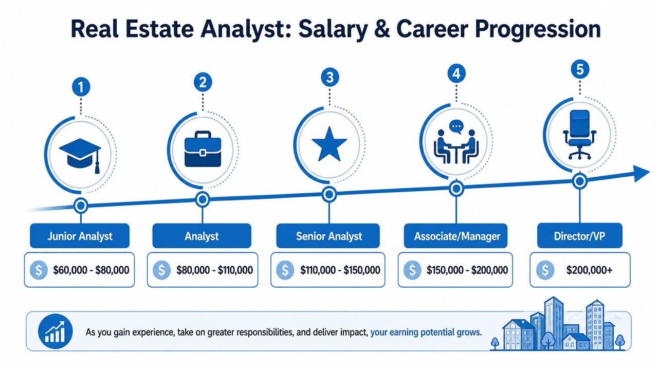 An infographic showing the career progression and salary range for real estate analysts from junior to director.